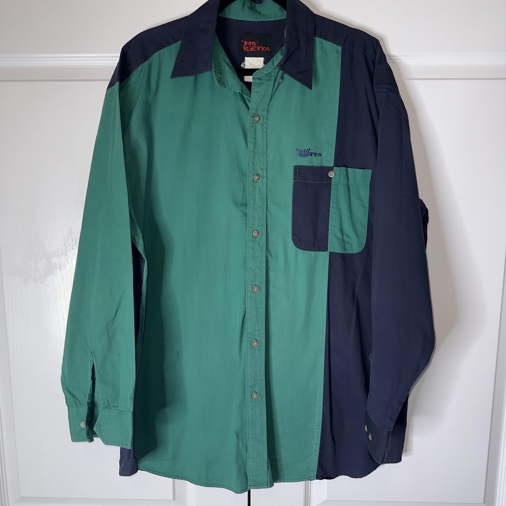 Mo Betta Shirt Mens XL Green Navy Colorblock Long Sleeve Button Up Pocket Casual
